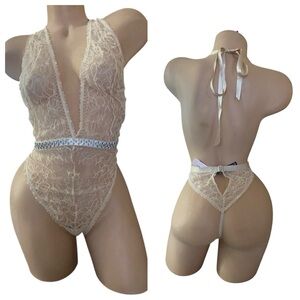 VICTORIA'S SECRET -WICKED  LACE TEDDY HALTER RHEINSTONE LINGERIE XL NWT